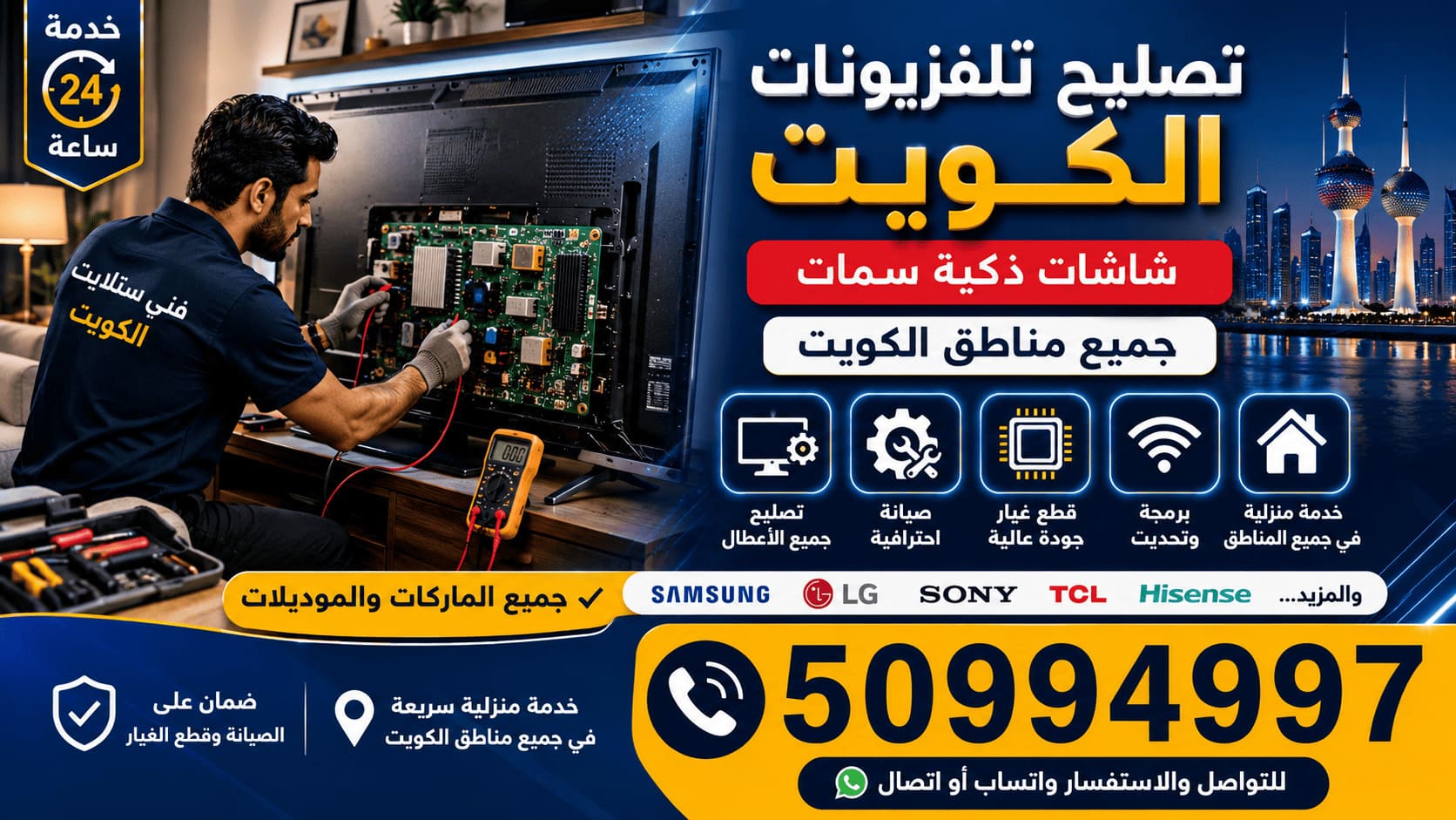 تصليح تلفزيونات شاشات سمارت الكويت 24 ساعة فني تصليح تلفزيونات وشاشات سمارت في الكويت يفحص أعطال الصورة والصوت والإضاءة داخل منزل العميل