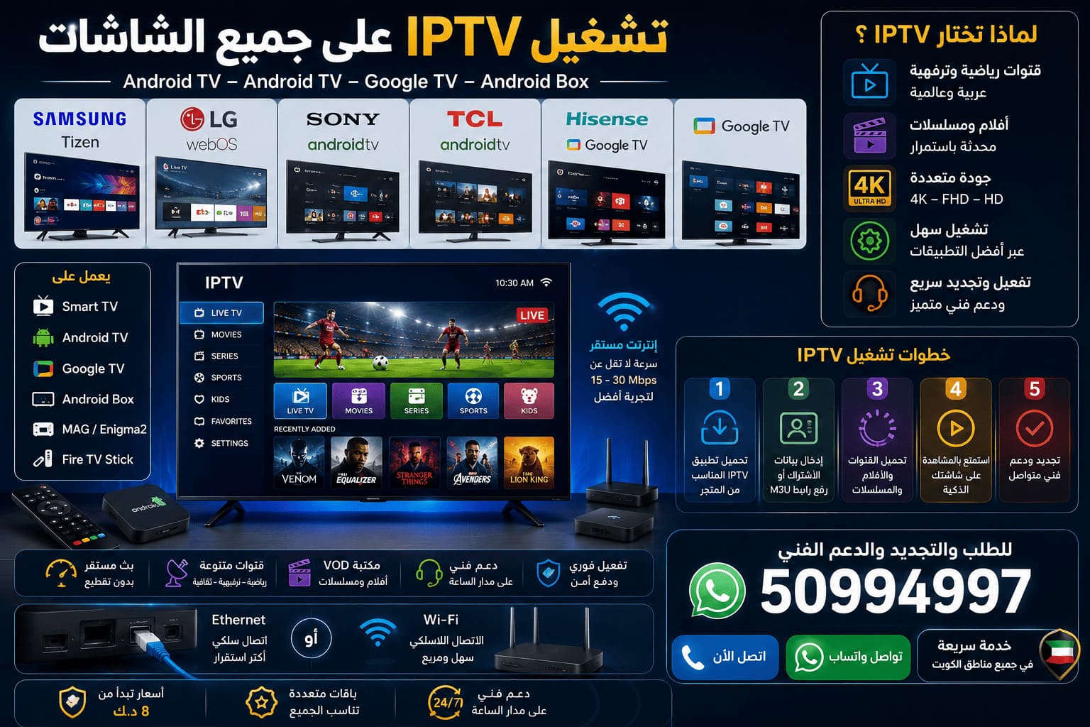 اشتراك IPTV للشاشات الذكية والتلفزيونات الكويت تشغيل IPTV على جميع الشاشات والتلفزيونات الذكية
